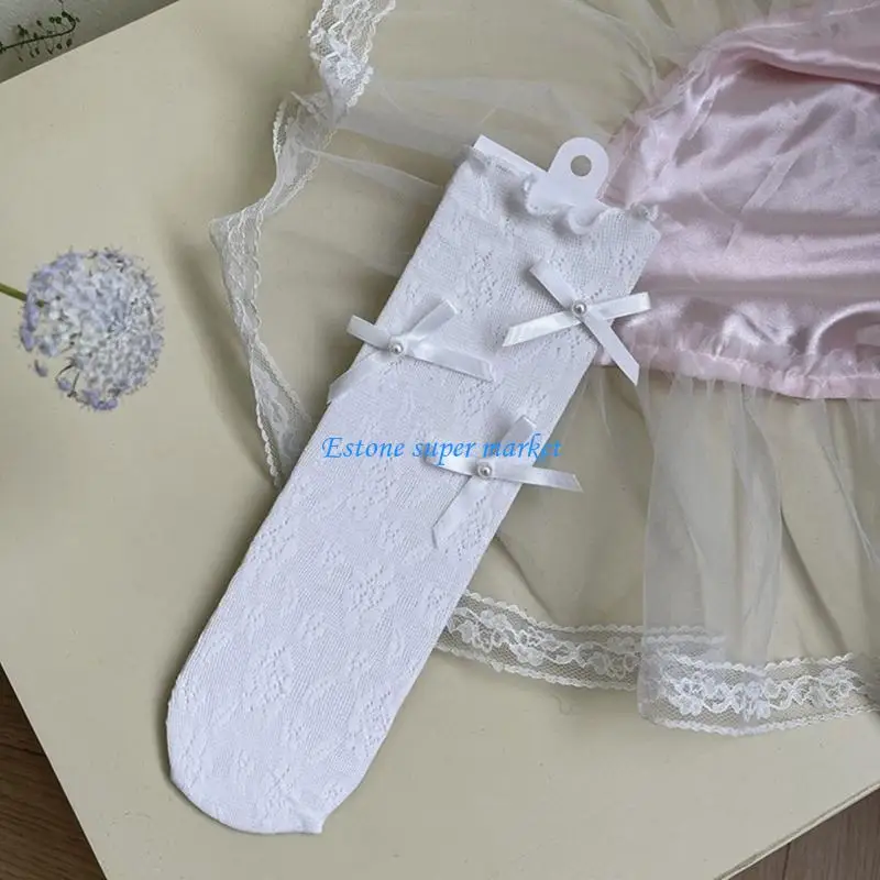 

090B Soft Breathable Lace Socks Stackable with Bowknot for Girls Aged 3-12 Years
