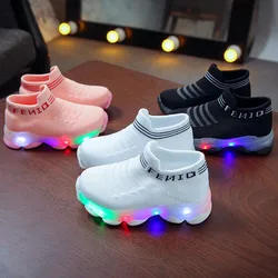 Tênis infantis com luz LED, Sapatos para meninos e meninas com letras, Meia de malha, Baby Light Shoes