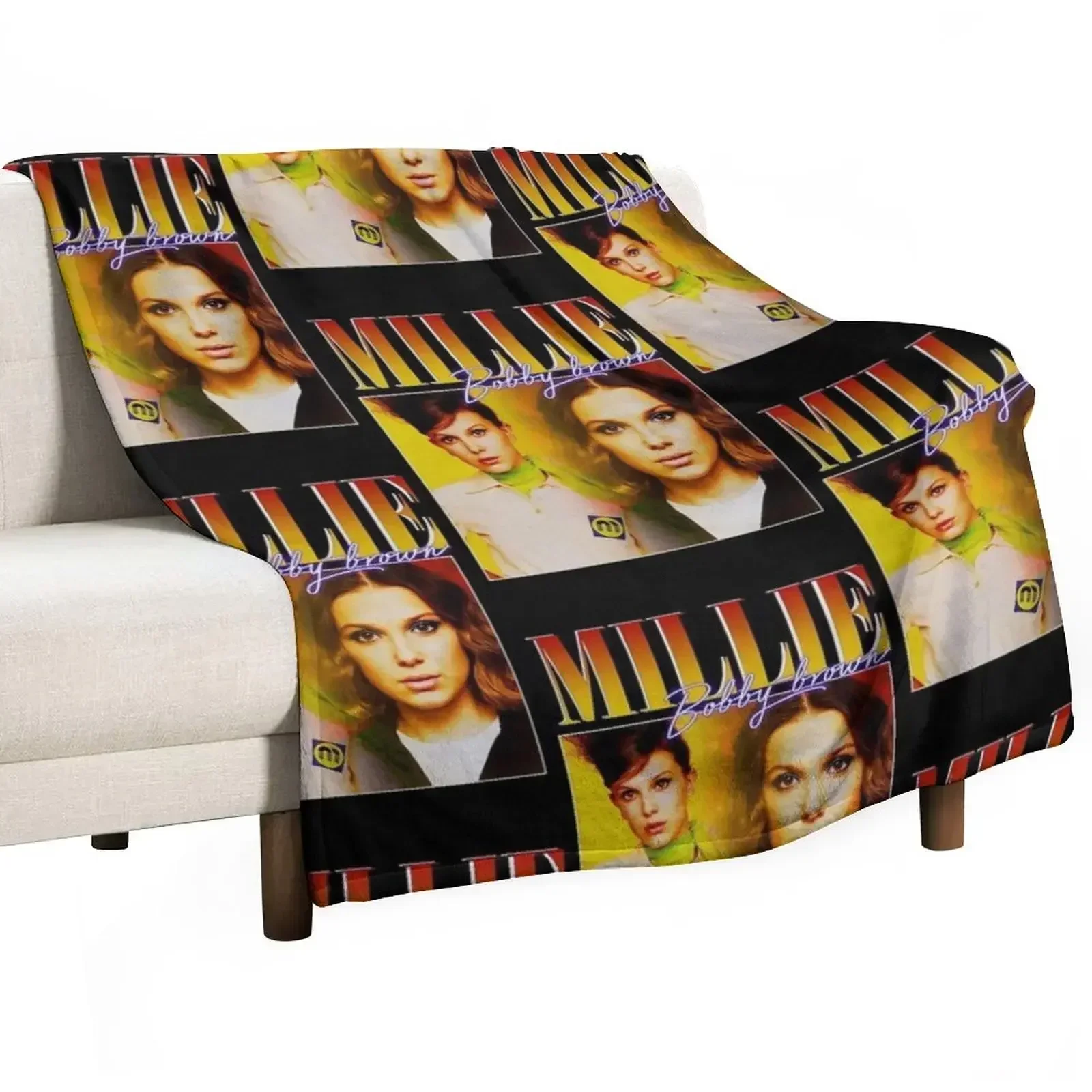 Millie Bobby-Brown 90s Vintage Black T-Shirt Throw Blanket Warm cosplay anime Blankets