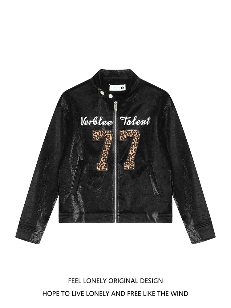 

Feel Lonely American Sle Spliced Leopard Print Embroidery Biker Jaet Stand Collar ort Coat Youth Casual Faion Windproof