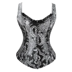 Corset Bustiers Top Halter Lace Flower Print Overbust Corselet Gothic Sexy Lingerie Vintage Victoriano Blue Silver