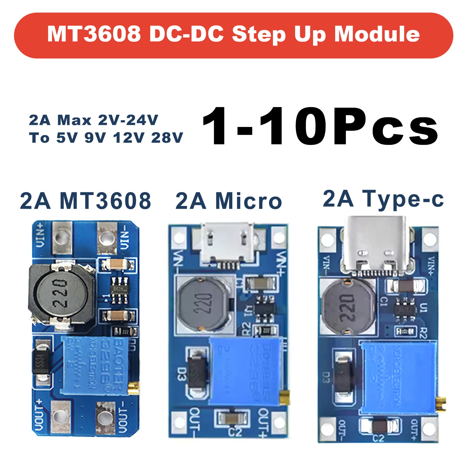 1-10 Stück MT3608 Boost-Modul DC-DC Aufwärtswandler Booster-Stromversorgungsmodul 2A Max 2V-24V zu 5/9/12/28V für Arduino