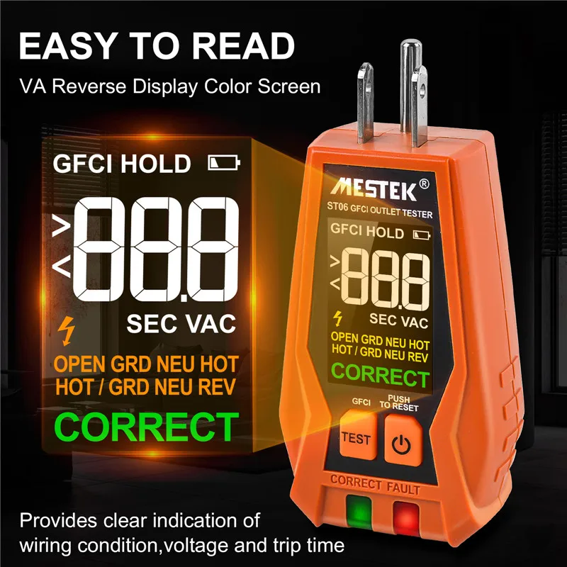 Compact Digital Socket Tester GFCI Test Dual Open Voltage LCD Display Reverse Display Color Screen Auto-hold Function US Plug