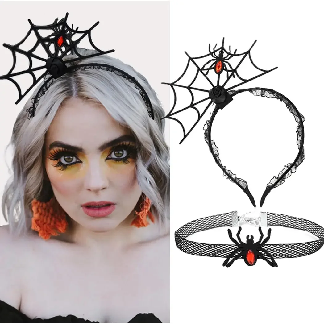 Halloween Black Lace Headbands Spider Lace Hair Band With Black Lace Clavicle Choker Necklace Witch Devil Skull Head Band Ball