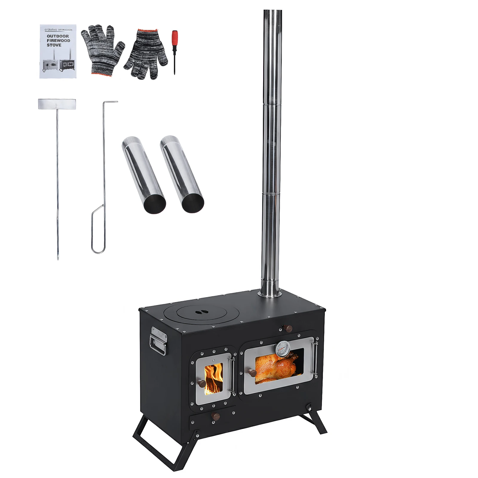 

Дровяная печь из нержавеющей стали с дымоходом, камин с духовкой для отопления/готовки пищи/двора/кемпинга