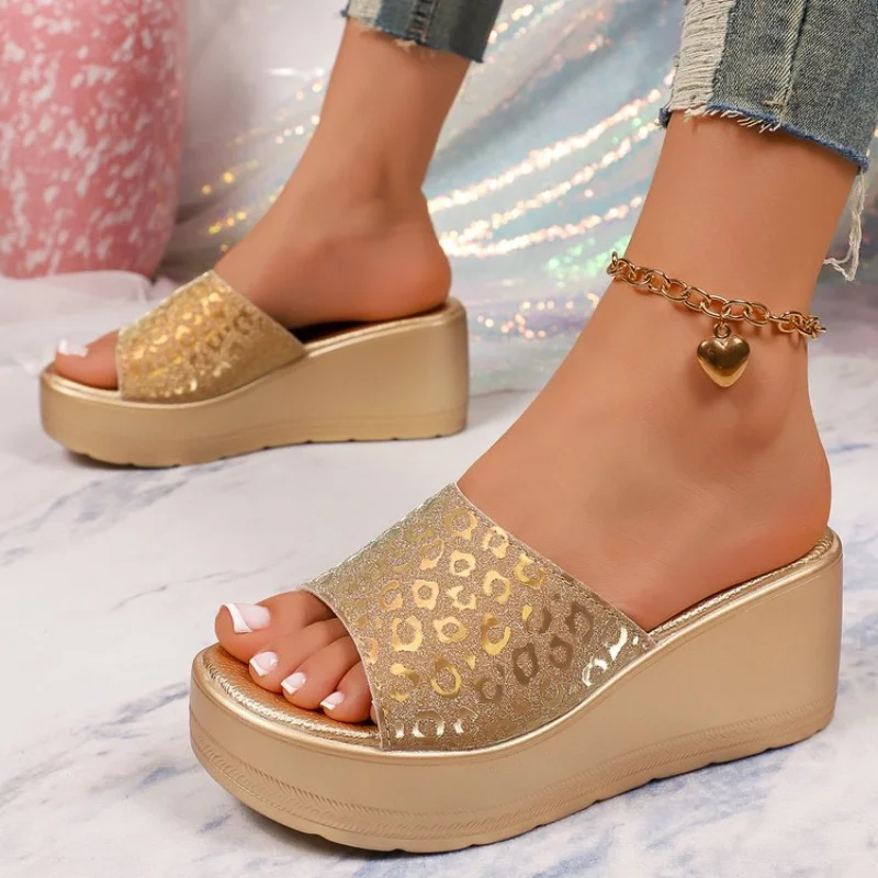 Women Leopard Print One Strap Wedge Slide Sandals,Platform Slip On Chunky Mules,Summer Open Toe Elevator Casual Ladies Slippers