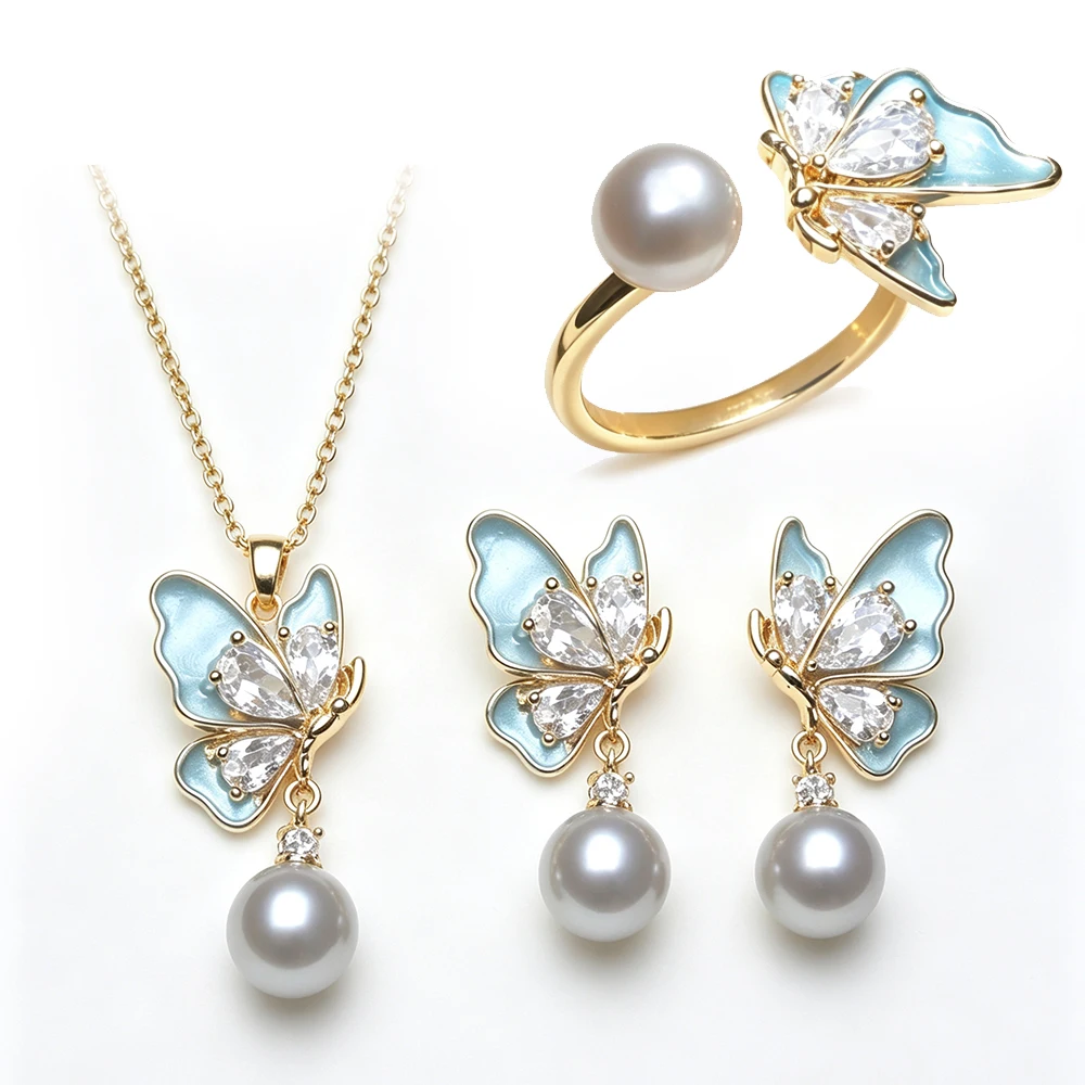 Echtes Süßwasserperlen-Set mit Halskette und Ohrringen, Elegantes 925er Silber Perlen-Ohrringe Anhänger Ring Set Geschenk für Ehefrau Mutter Weiß Schwarz – Detail 4