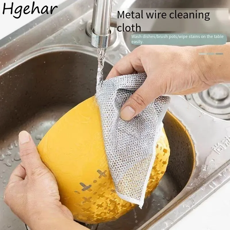 Steel Wire Dishcloth Household Kitchen Non-stick Oil Cleaning Cloths Portable Multi-function Dishrag Dry-wet Double Use Reusable