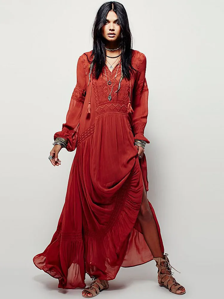 فساتين Jastie النسائية الأنيقة للسيدات فستان ماكسي عتيق بأكمام طويلة مطرز برتقالي وأحمر طراز فيستدوس فيمينينوس بوهو 2025