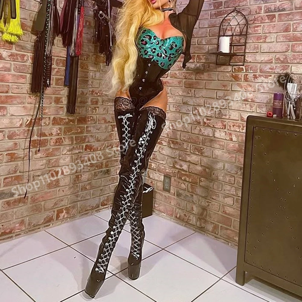 

Black Front Lace-up Thigh High Boots Platform Shiny Leather Stilettos High Heel Sexy Women Shoes 2025 Spring Zapatos Para Mujere