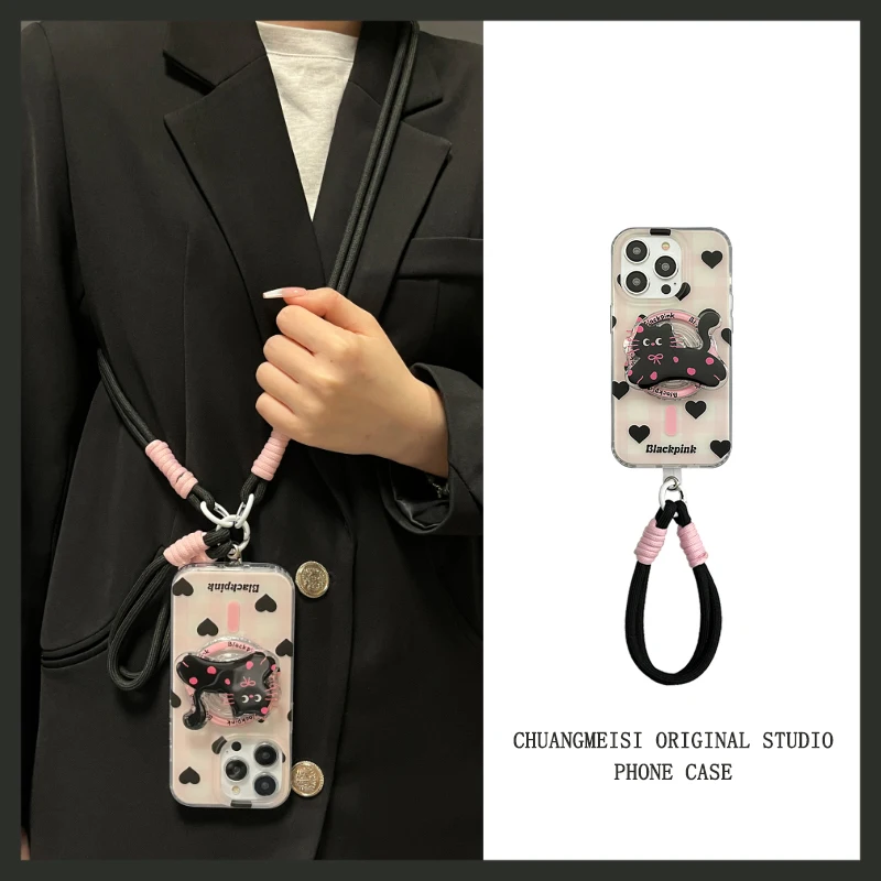 

Cute cat love handheld rope for apple iphone 13promax 14promax 15promax cell phone case magnetic fall proof crossbody creative
