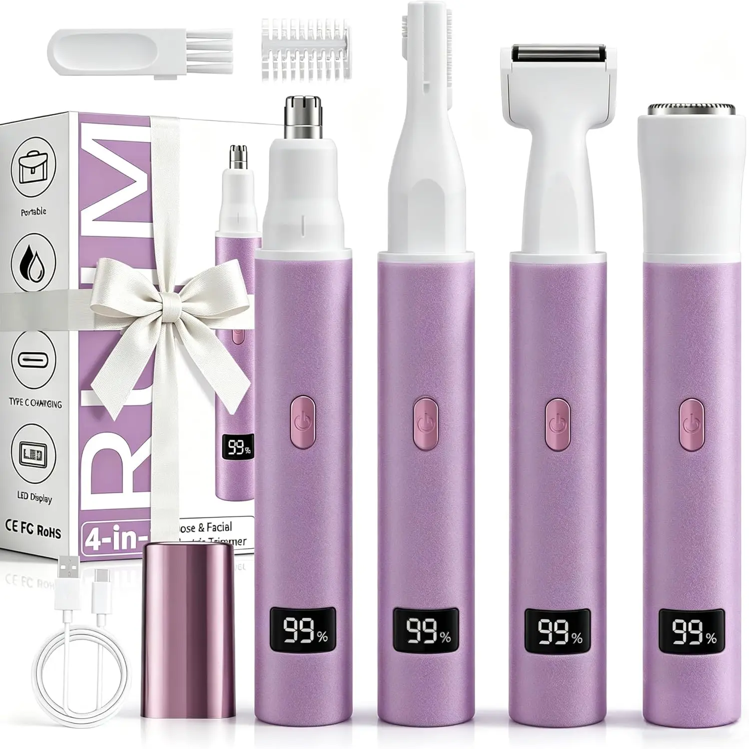 

4-in-1 Painless Facial Grooming Kit for Women, USB-C Rechargeable, Waterproof, LED Display