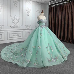 Fashion Off the Shoulder 3D Flowers Evening Dresses Elegant Sweetheart Pearls Lace Appliques Ball Gowns Women Party Prom Dresses