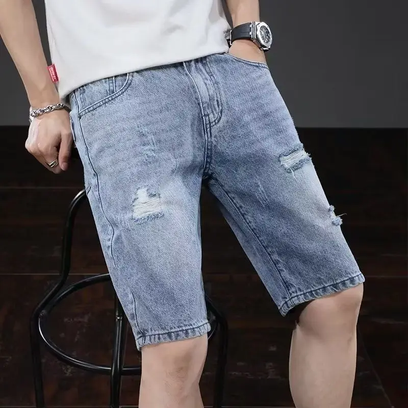 Korean Popular Clothes Short Pants 2026 Summer Ripped Denim Shorts Men's Straight-leg Medium Ligh Blue Loose Half Beach Pants