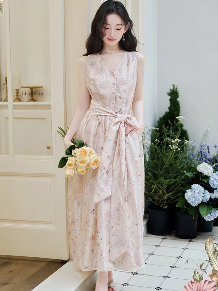 Summer Pleated Print Chic Bow Bandage Long Dress 2026 Korean Vintage Luxury Party Dress Women Elegant Bodycon Sleeveless Dresses