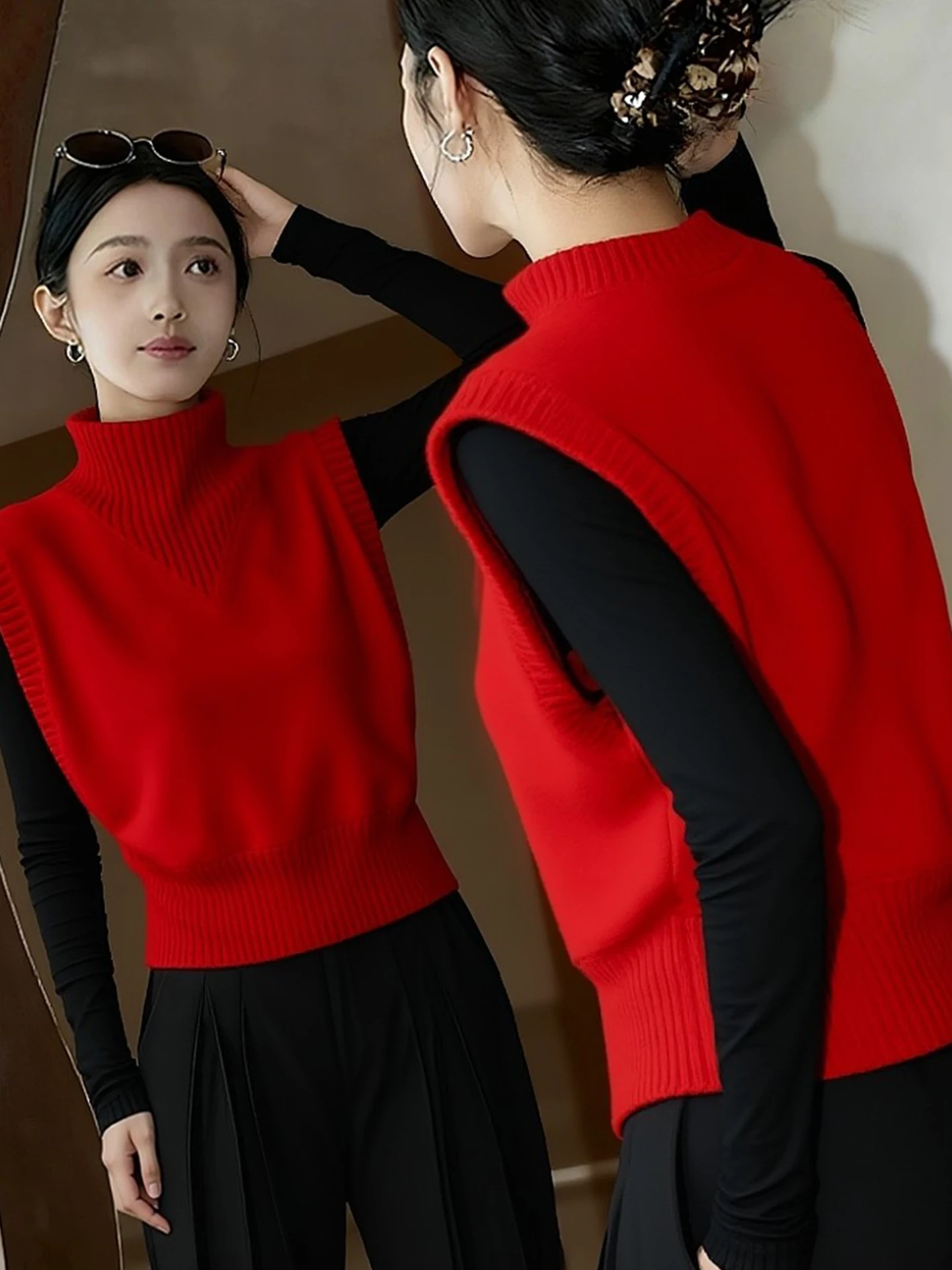 

Red Vest Top Women's Faion Winter Outerwear Svel High Collar Regular Fit Commute Sle Soft Material Korean Version