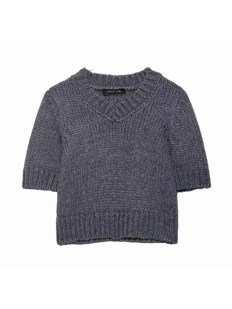 

Женский осенний новый повседневный короткий свитер с v-образным вырезом и короткими рукавами, вязаные топы, женский однотонный короткий свитер, пуловер, свитера