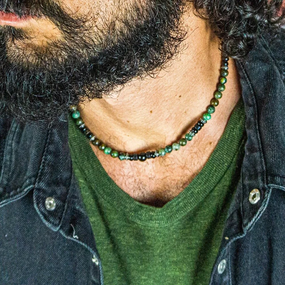 1PC Man's Retro Ethnic Style Natural Flash Stone Necklace for Men Black Beaded Surfer Necklace Man Jewelry Collar Hombre view 5