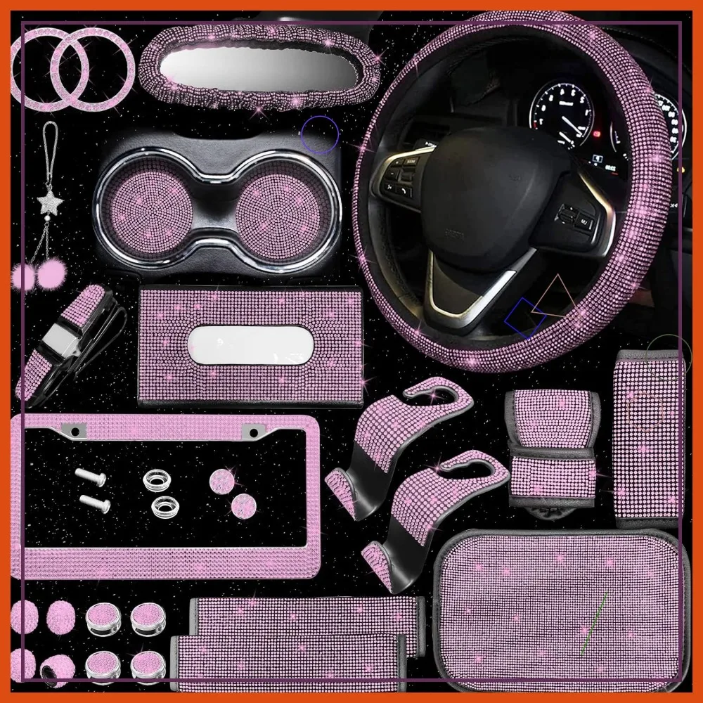 

Набор из 25 розовых автомобильных аксессуаров: чехол на руль, рамка для номерного знака, декор для консоли и зеркал
