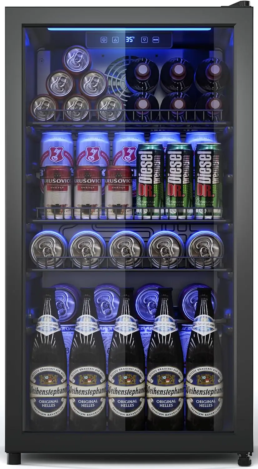 3.2 Cu.Ft Beverage Fridge, Mini Fridge With Glass Door, Beverage Cooler Refrigerator, Wine Drink Beer Fridge, Adjustable Shelves