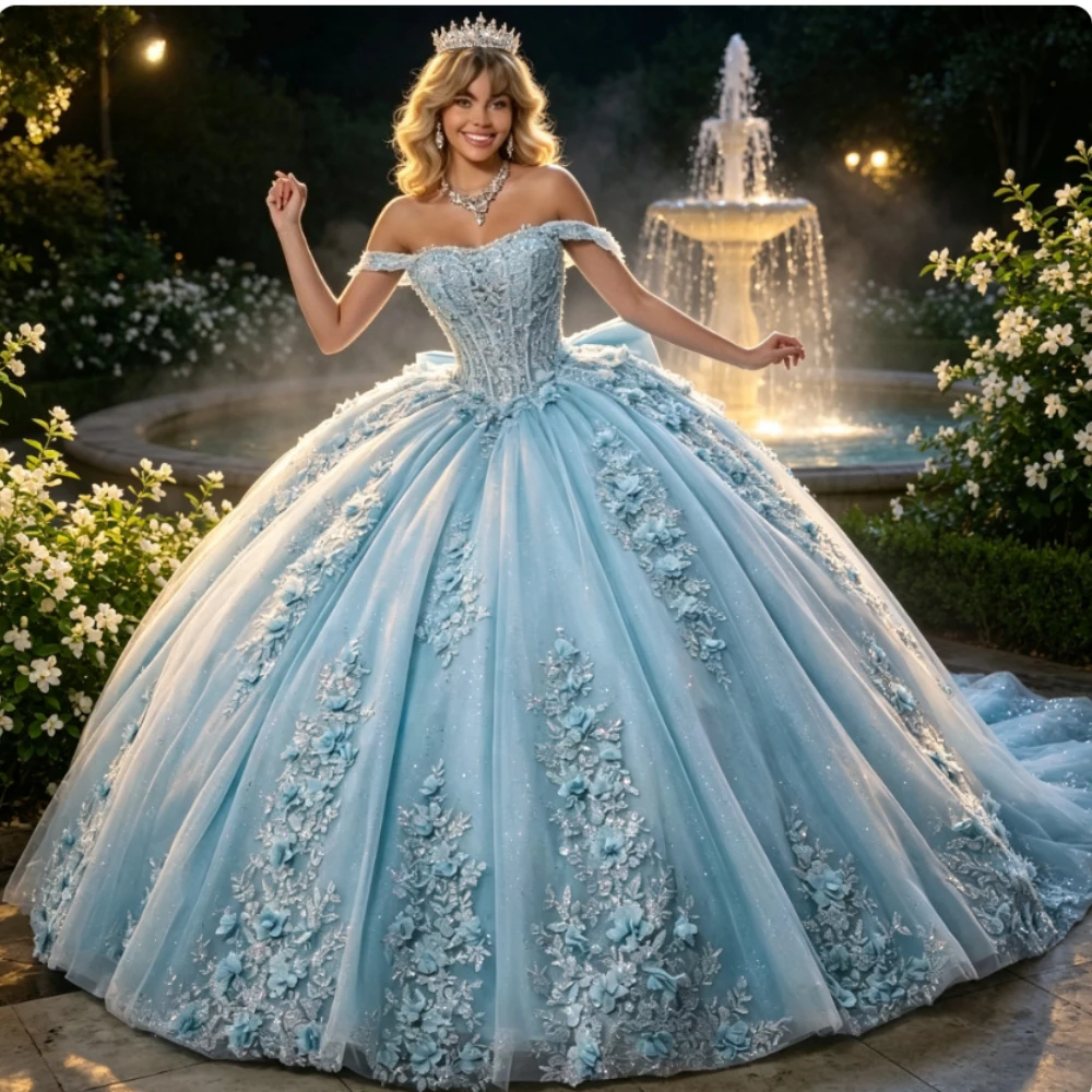 Customized Temperament Sparkling Strapless Sky Blue  Quinceanera Dresses3D Flowers Lace Appliques Vestidos Fashion Ball Gown