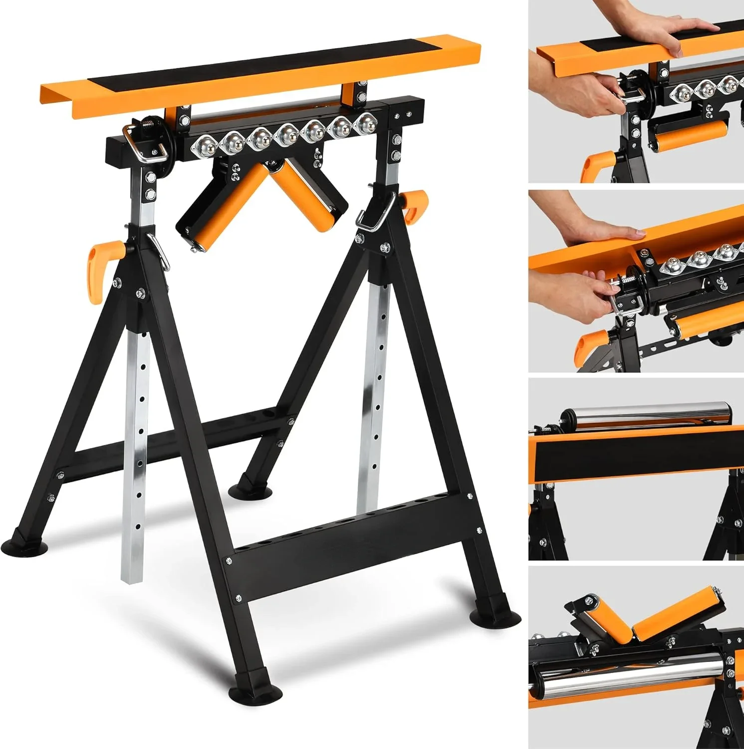 

2025 NEW4 in 1 Roller Stand, Stable 440 Lbs Load Capacity with Saw Horses, V-Shaped, Multi-Directional Rollers & Outfeed