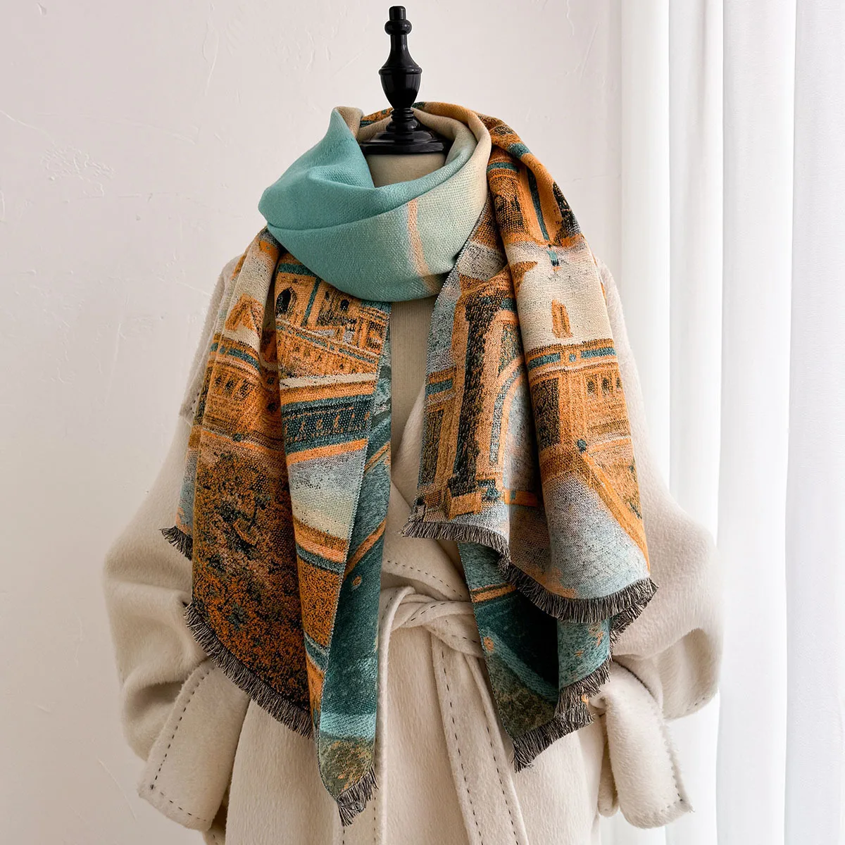 Scarf Women Floral Jacquard Flower Imitation Cashmere Polyester Shawl Wrap Fall Autumn OL French Commuter Long