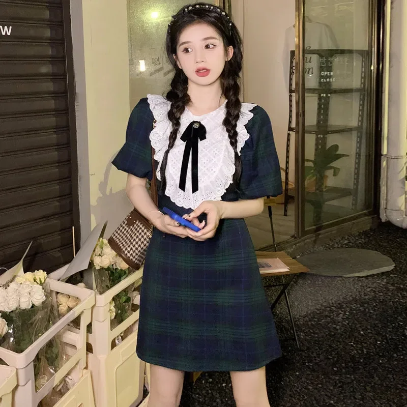 

French Retro Plaid Preppy Fashion Dress New Summer Sweet Girl Lace Bow Mini Dress Big Size Women 4XL Short Sleeve A Line Dress