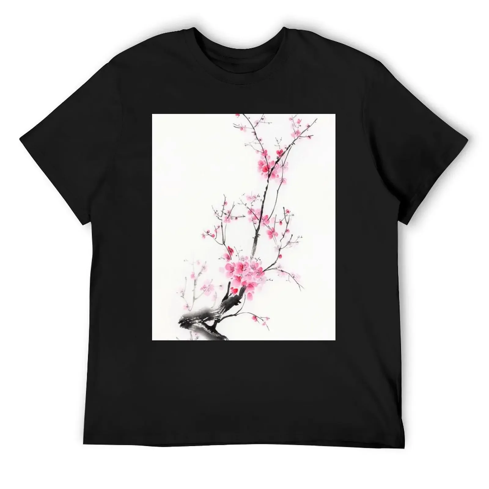 Delicate sakura branch with pink blossoms Japanese Zen sumi-e painting on white rice paper art print T-Shirt