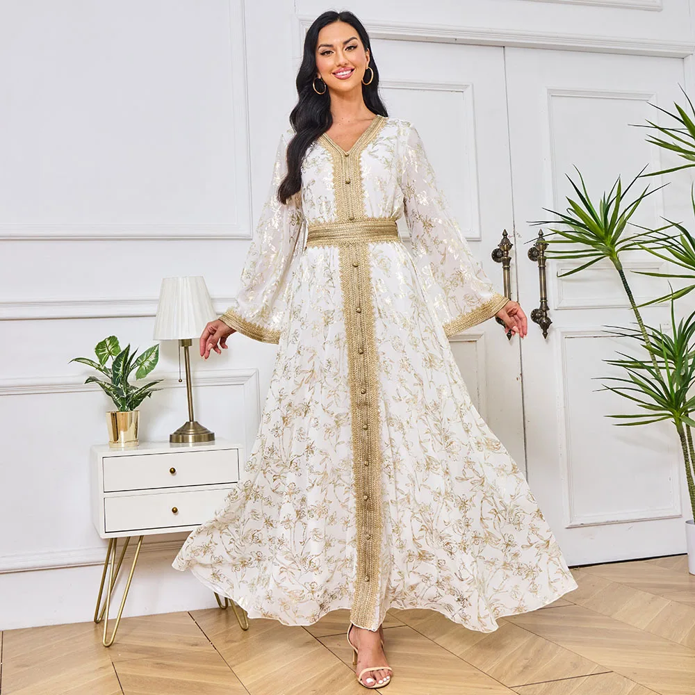 

Eid Muslim Abayas for Women Light Luxury Party Dresses Jalabiya Arab Gold Printed Robes Ramadan Morocco Elegant Loose Maxi Dress