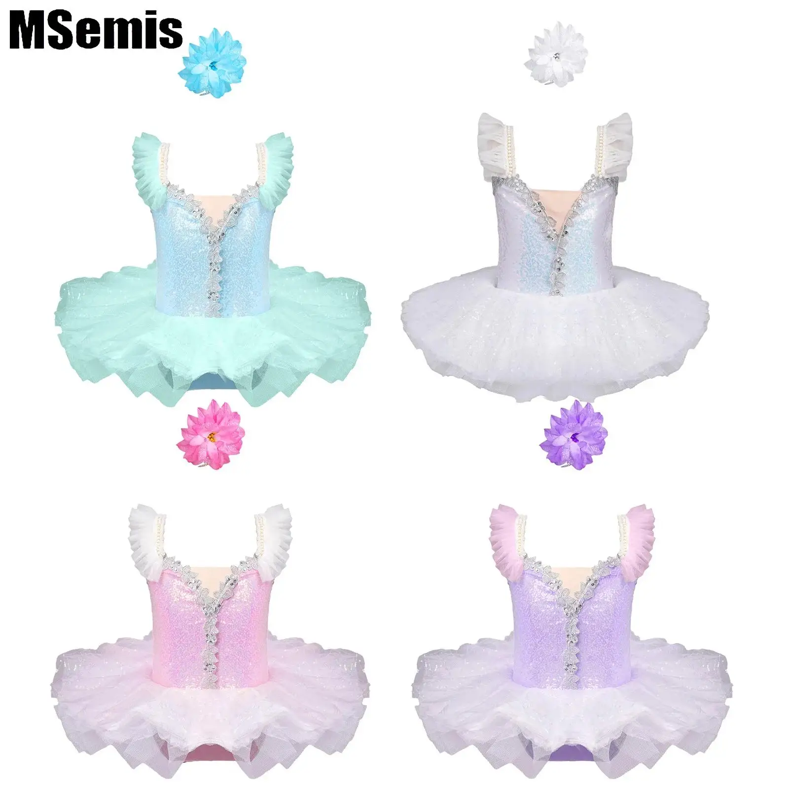 

Kids Girls Ballet Dance Tutu Dresses Stage Performance Costume Adjustable Shoulder Straps Shiny Sequins Dress with Headwear