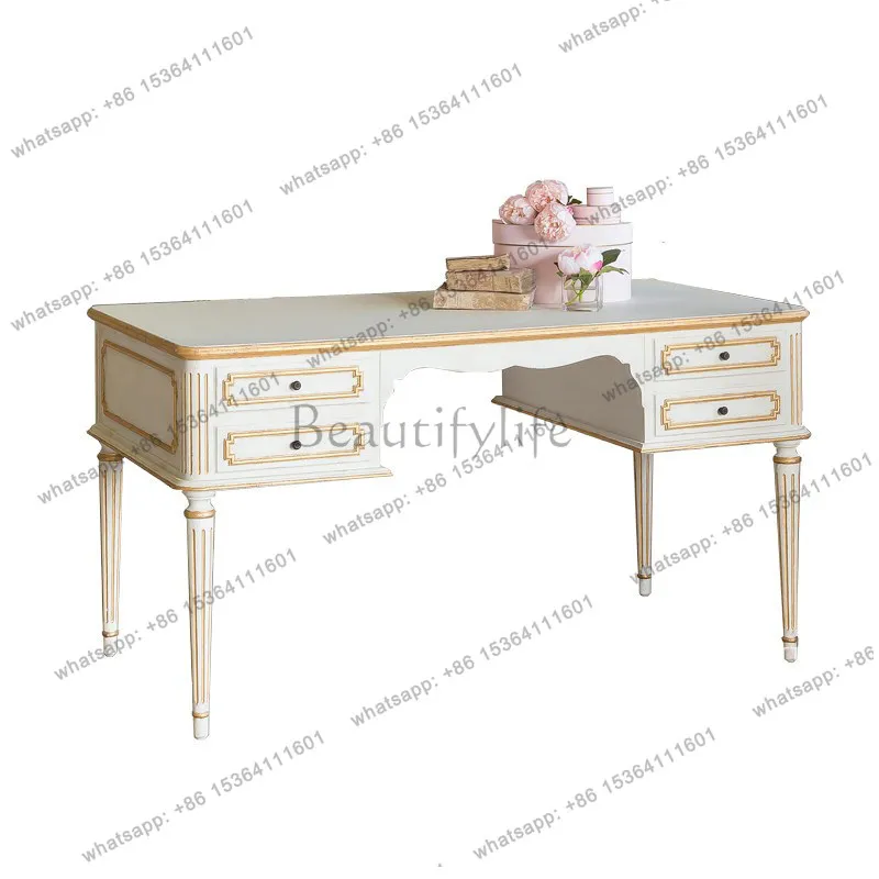 

French retro old desk, American solid wood carving flower antique desk