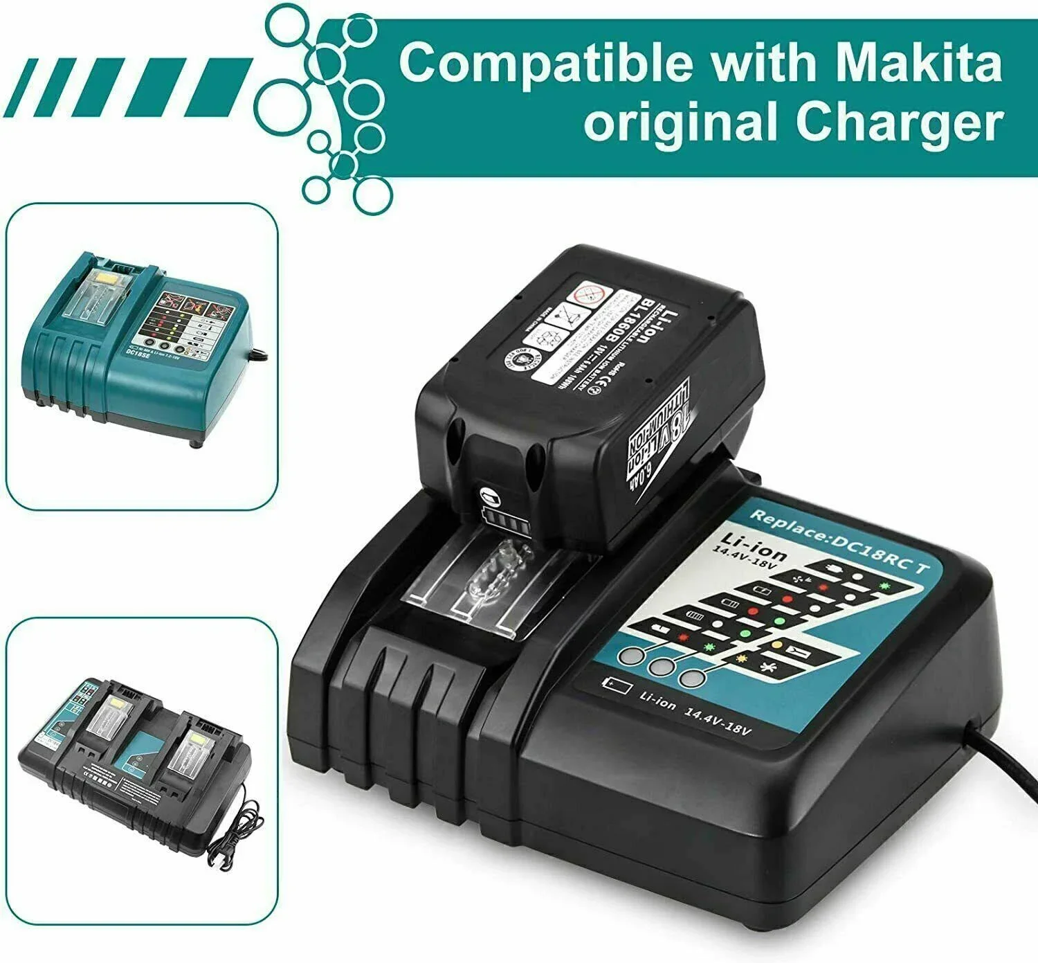 BL1850 18V 6.0Ah Replacement Battery + 6A 9A 7.2V~18V Charger for Makita BL1815 BL1830 BL1840 BL1850 LXT400 DC18RA DC18RC