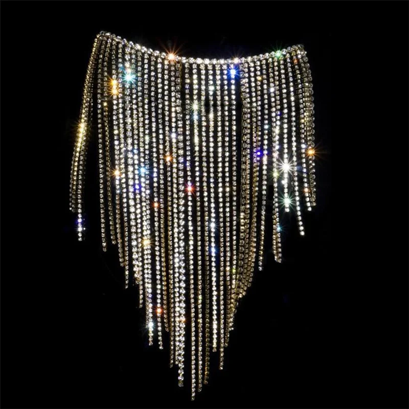 Exquisite Fashion Rhinestone Body Chain Set Ladies Nightclub Sexy Bikini Crystal Bra Necklace and Long Fringe Skirt Jewelry Gift