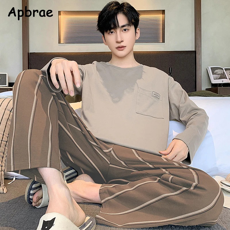 Autumn Winter Stripe Print Pajamas for Men Soft Faux Cotton Long Sleeves Homewear Leisure Nightwear Man Fashion Sleepwear