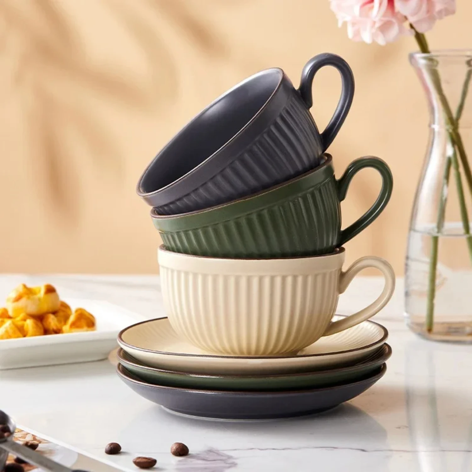 260ml European Retro style Coffee Cup with Saucer set Pumpkin Cups Ceramic Mugs Latte Espresso Mug Afternoon Tea Cup Water Cup