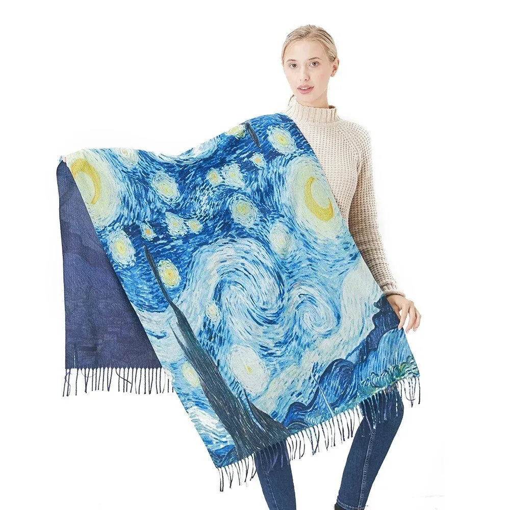 Van Gogh's Oil Painting Cashmere Scarf Women Winter New Starry Sky Pashmina Shawls And Wraps Ladies Cape Travel Blanket Scarves