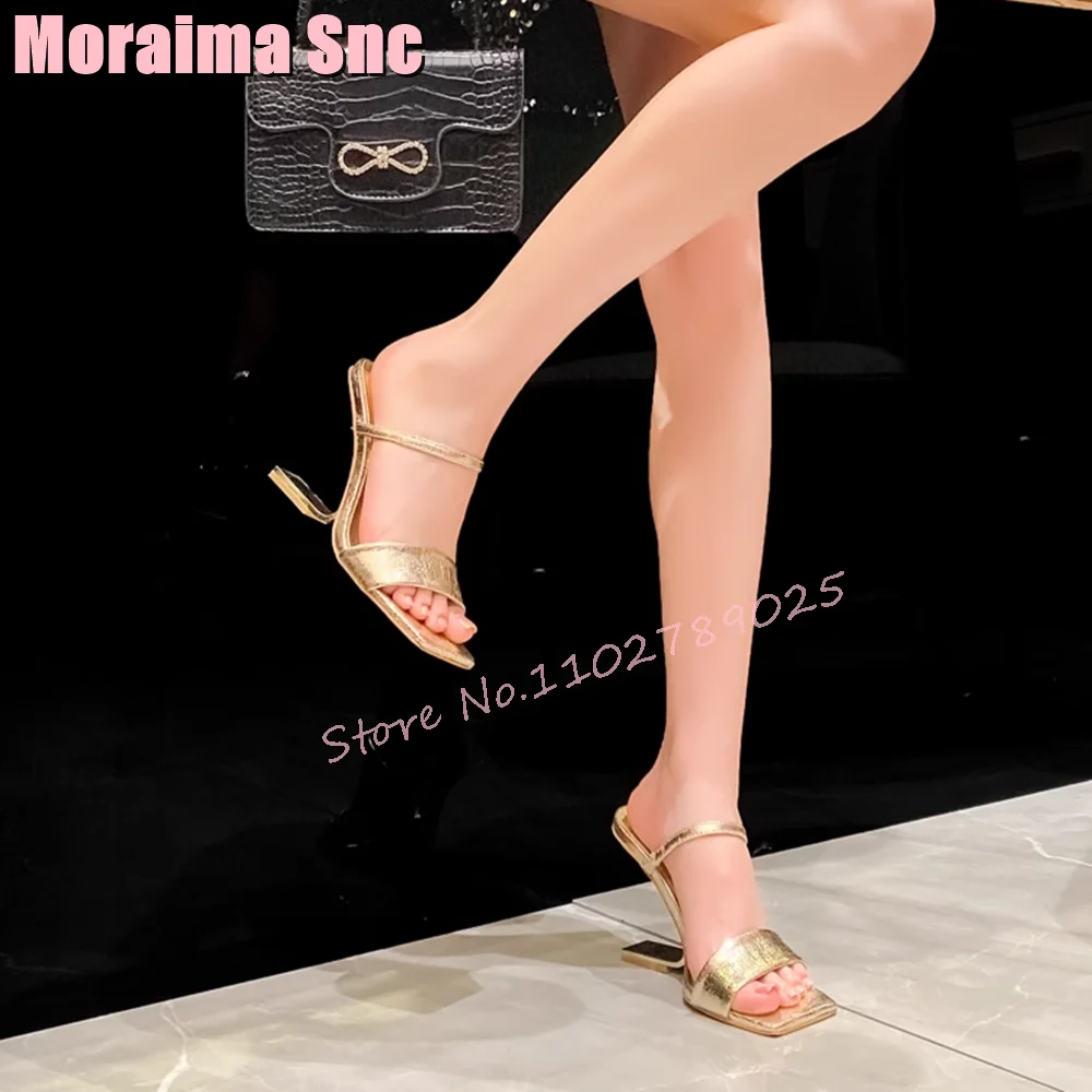 Square Toe Strange Heel Slippers Ankle Strap Golden Solid Sexy Elegant Women Shoes Summer Banquet Fashion Outdoor 2023 Newest