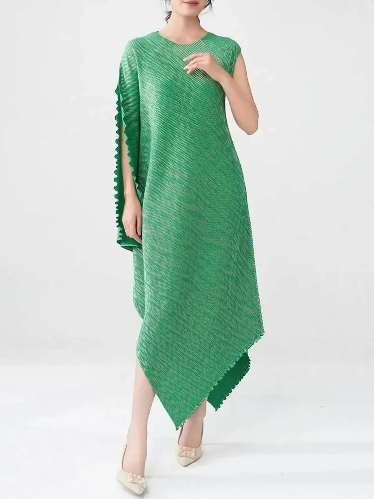 

Women Round Neck Mullet Pullover Summer Dresses Fashion Pleated Irregular Long Dresses Women's Evening Miyake 2025 Summer New