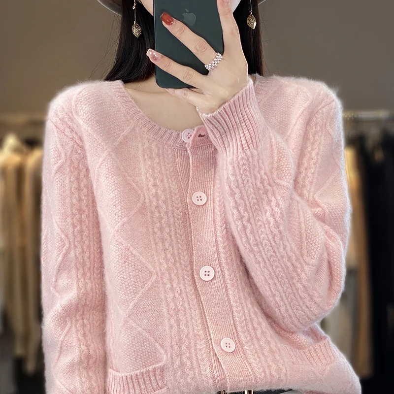 

Autumn/Winter womans clothing New 100% Wool Apparel Coat Knitted Round Neck Solid Diamond Cardigan Soft and Fluffy Blouse