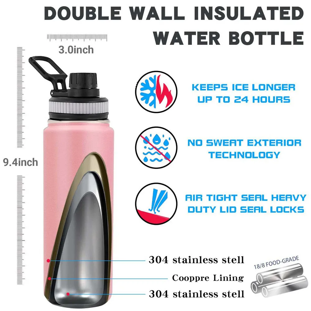 Botella de agua aislada de 32 oz, frasco deportivo de 1 litro de acero inoxidable de doble pared al vacío, de boca ancha, con tapa de pico a prueba