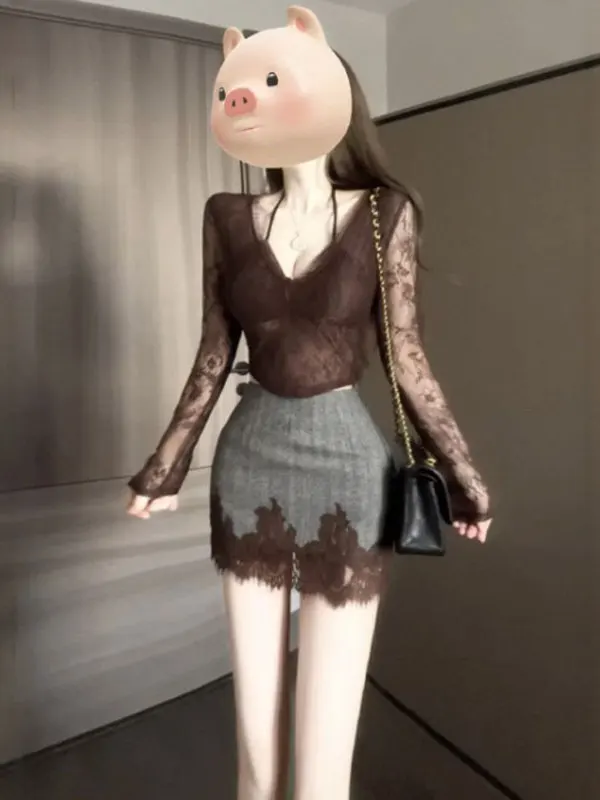 

Сексуальный комплект из кружевного топа и юбки с высокой талией, короткая юбка Pure Desire, комплект из двух предметов, удобный крой для свиданий и работы