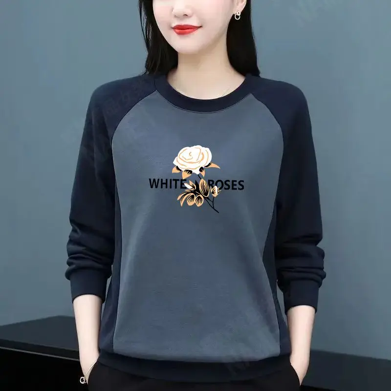 Women's Autumn Casual Simplicity Printing Patchwork O-neck Long Sleeve Sweatshirts Women Clothes Fashion All-match Loose Tops