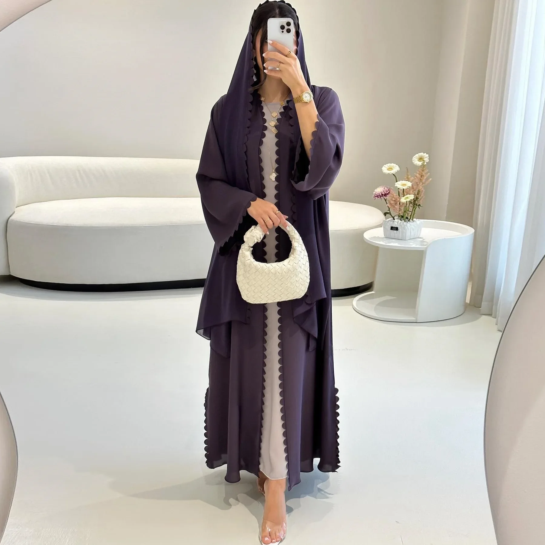 

Elegant Cardigan with Headscarf Muslim Women Fashion Dubai Turkish Two-piece Set Abaya Robe