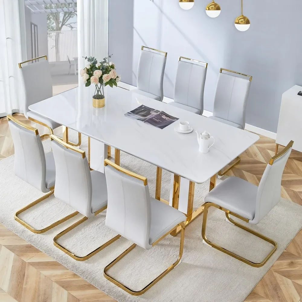 Dining Table Sets,Topwith Stainless Steel Gold Base,Modern Kitchen Room Tables Set 8 Dinings Chairs,Gold Luxury Dining Table Set