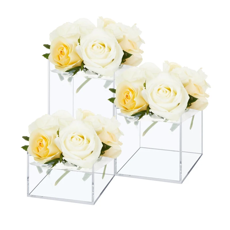 3 Pcs Clear Acrylic Flower Vase Floral Different Heights Riser Box For Dining Table Decorative Home Wedding Centerpiece Decor