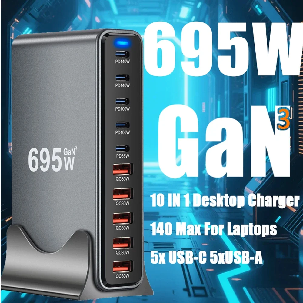 

695W GaN 10-Port Desktop Charging Station PD3.1 140W For MacBook Pro/iPhone/Samsung S24/iPad USB Fast Charger 100/65W Type C