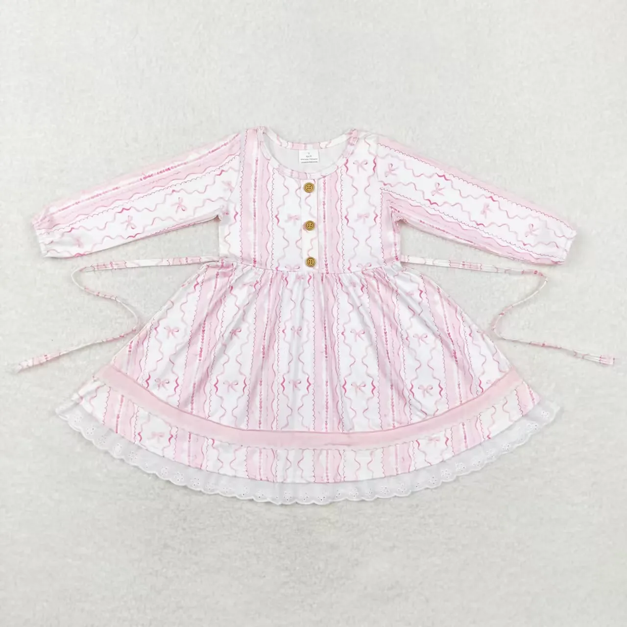 

RTS Baby Girls Pink Sprint Fall Bows Ruffle Belt Buttons Lace Knee Length Custom Design Fashion Boutique Dresses