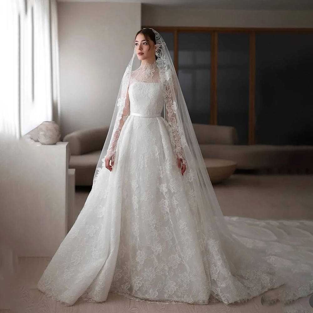 

Graceful Wedding Dresses High Neck Long Sleeve A-Line for Muslim Bride with Lace Draped Bridal Gown Customized Vestidos De Novia