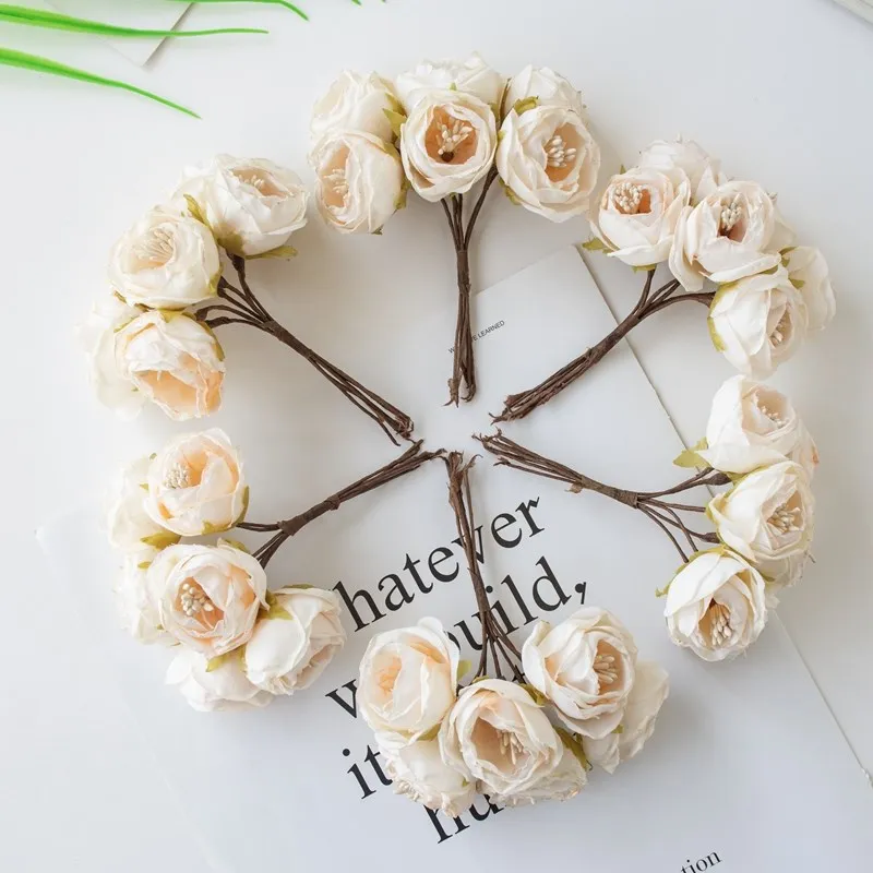 

6Pcs Artificial flowers Fake silk Stamen rose For Christmas Garland Accessory Home ornamental flowerpot Wedding arch Decoration